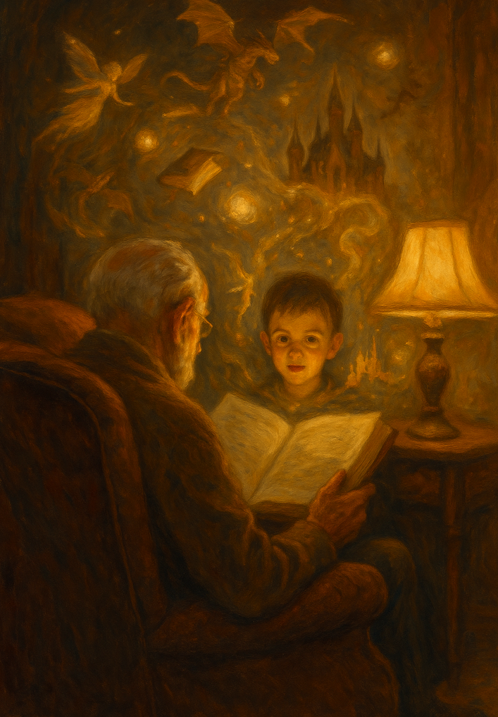 Idős férfi mesét olvas egy kisfiúnak meleg lámpafényben; a könyvből sárkányok, tündérek és kastély képei kelnek életre. Illusztráció a Nagyapa meséi című fejezethez, a képzelet és az emlékezés találkozásáról