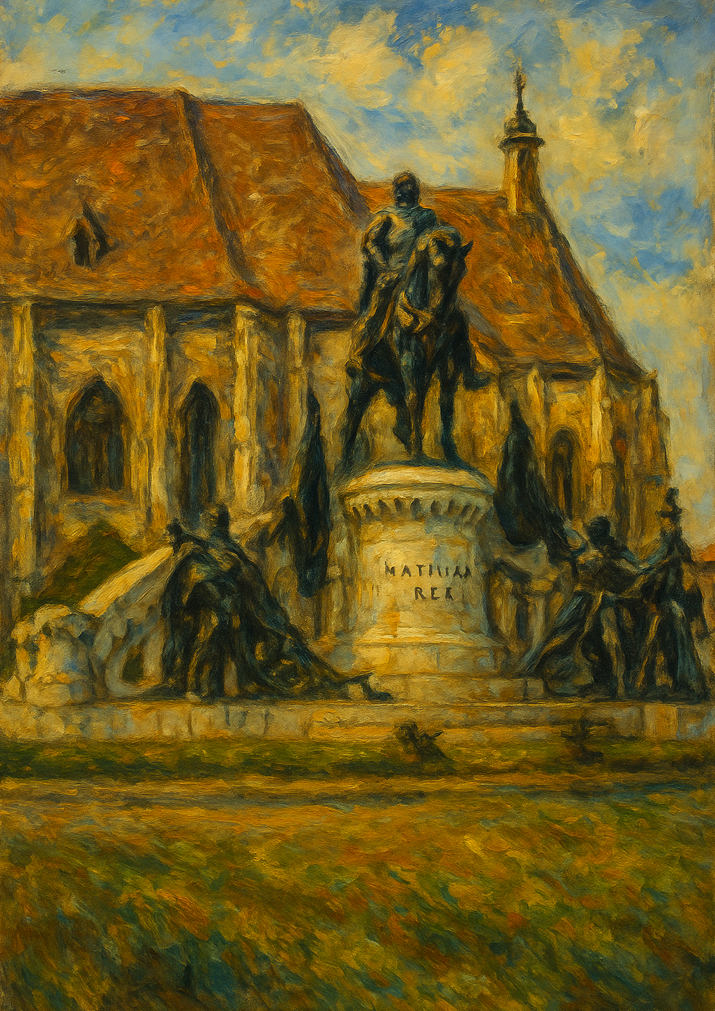 Olajfestmény-stílusú illusztráció Kolozsvár Főteréről, a Mátyás király lovasszoborral és a háttérben a gótikus Szent Mihály-templommal, a Montiverzum „Erdély” fejezetéhez.