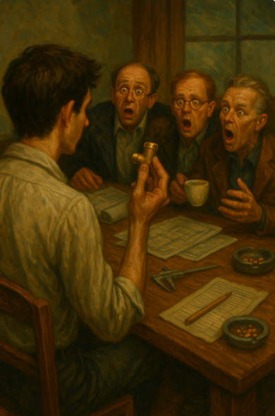 Monti háttal ül egy retró irodában, kezében egy kis bronzöntvényt tart vizsgálatra, miközben három döbbent mérnök figyeli. Olajfestmény-stílusú illusztráció Monti ‘Ez valami bronzöntvény lehet’ című történetéhez.