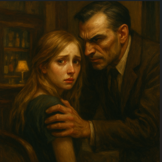 Alt text: „Olajfestmény egy szállodai bárban: egy finom, törékeny nő ül az asztalnál, vele szemben egy férfi farkasszerű tekintettel, aki lassan birtokba veszi a pillanatot. A jelenet feszült és lírai, a fények aranylóan megvilágítják az őzike arcát, miközben a férfi árnyékban marad.”