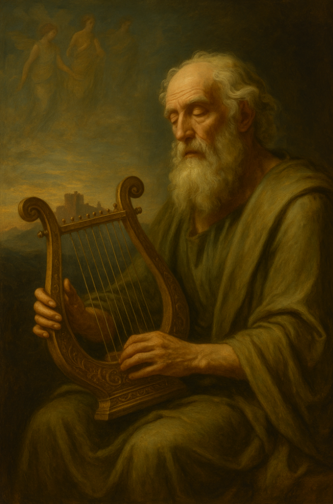 „Homérosz, az ókori görög költő klasszikus stílusú olajfestményen, félig lehunyt szemmel ül, kezében ógörög lírát tartva. A háttérben Trója városának sziluettje és a múzsák halvány alakjai sejlenek fel, időtlen hangulatot teremtve.