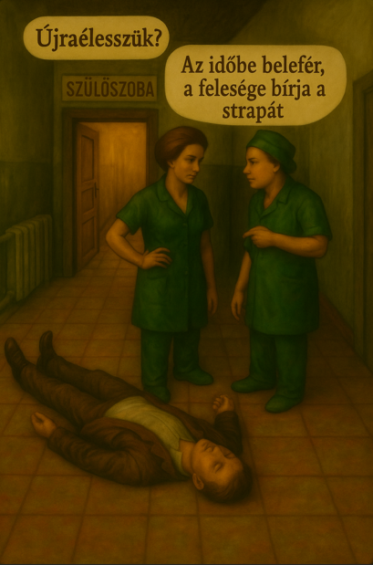 Olajfestmény egy kórházi folyosón: két nővér áll egy földön elájult férfi fölött a szülőszoba ajtaja előtt. Az egyik kérdezi: „Újraélesszük?”, a másik nyugodtan felel: „Az időbe belefér, a felesége bírja a strapát.” A jelenet ironikusan, mégis együttérzően ábrázolja az apai sokkot a szülés pillanatában.
