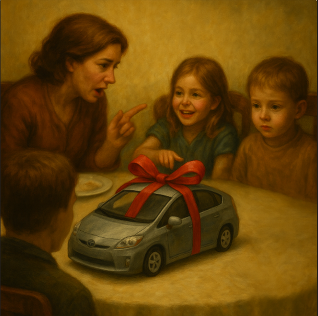 Olajfestmény egy családi vacsoráról, ahol az asztalon piros masnival átkötött szürke Toyota Prius áll. Az anya élénken gesztikulál, a kislány vidáman mosolyog, a kisfiú komoran figyel. A jelenet ironikusan ábrázolja a családi döntések feszültségét és a gyermeki reakciókat.