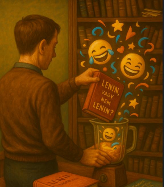 Monti könyveket turmixol a Bullshit Generátorban, köztük az Egri csillagokkal, Homérosz műveivel és Lenin összesével.