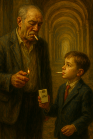 Csokis meló Monti – olajfestmény: Monarchia-korabeli folyosón egy nyolcéves fiú KENT cigarettásdobozzal áll egy cigarettázó férfival szemben.
