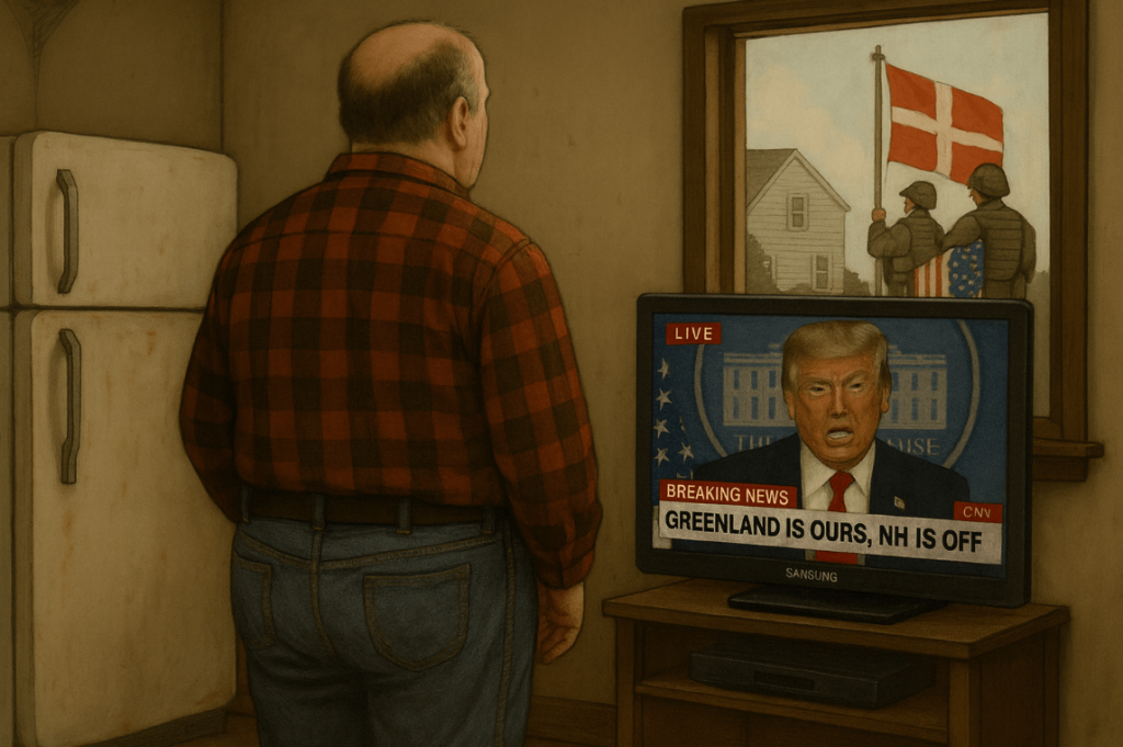 After learning his DNA results, a stunned New Hampshire man watches Trump announce the trade of New Hampshire for Greenland as Danish troops quietly take over his village.
