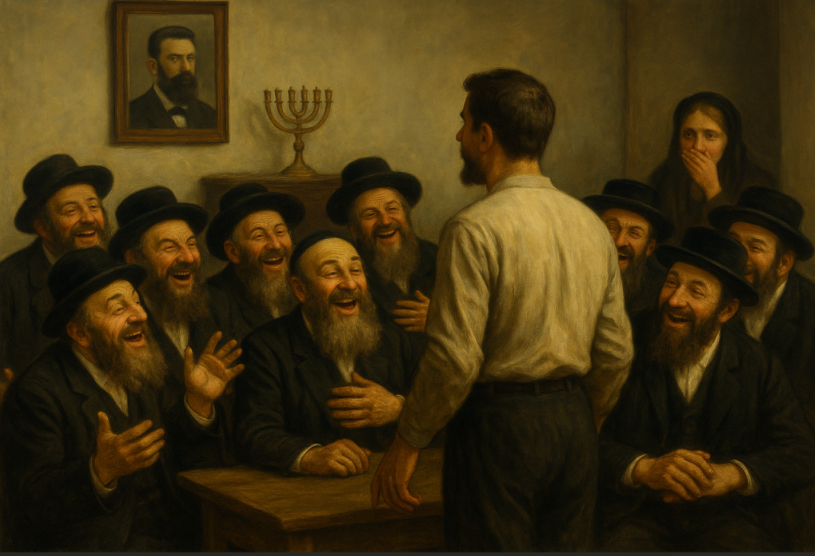 A young man stands before a group of laughing Jewish men in a room in Vienna, 1933.