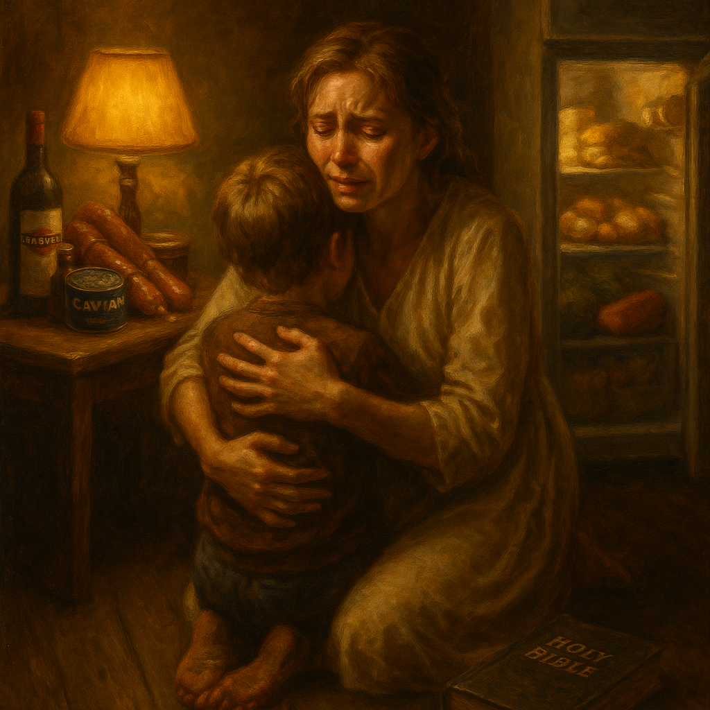 Olajfestmény: egy zokogó anya öleli a kilenc éves fiát egy panellakás félhomályában, nyitott hűtő tele drága ételekkel, a földön a Biblia.