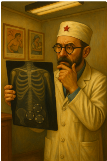 Sovjet orvos olajfestmény-stílusú illusztráción egy röntgenfelvételt vizsgál, amelyen több rulettzseton látható a páciens alhasi területén; háttérben korabeli propaganda-poszterek.