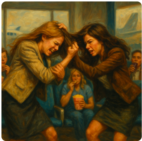 Olajfestmény-stílusú jelenet egy reptéri váróban: két nő – egy szőke és egy barna – egymás haját tépi, miközben az utasok a háttérben nyugodtan ülnek, popcornt esznek és kólát isznak, mintha egy látványos műsort néznének.