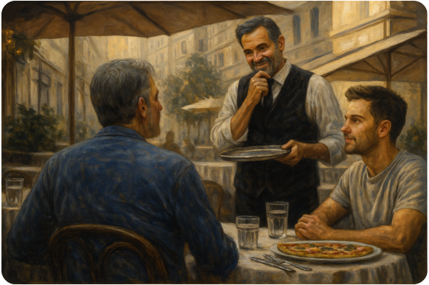 Olajfestmény stílusú jelenet egy mediterrán utcai kávézóban: egy idősebb, mosolygó pincér tálcával a kezében beszél két vendéggel. A hangulat napfényes és barátságos.