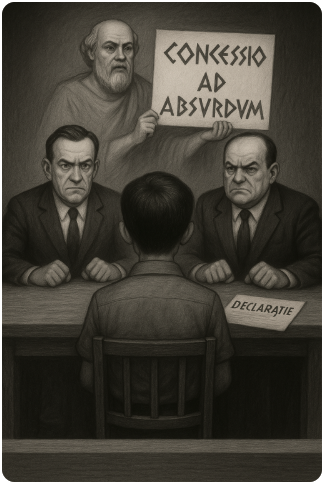 Fekete-fehér kihallgatási jelenet: egy fiatal fiú háttal ül a vallatószékben, vele szemben két szigorú szekus tiszt. Mögöttük Szókratész szellemszerű alakja lebeg, kezében görög betűs táblával, rajta a »Concessio ad absurdum« felirat.