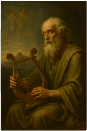 An elderly, bearded poet resembling Homer sits in soft golden light, gently playing a lyre while distant Muses drift in the background, evoking the ancient origins of the Iliad and Odyssey.