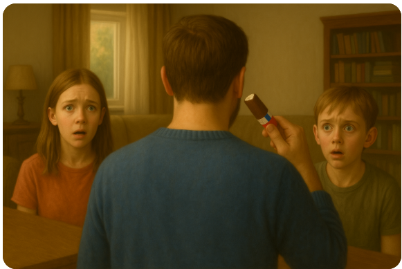 Apa háttal ülve élvezettel harap egy Túró Rudit, miközben két döbbent ikergyerek hitetlenkedve nézi őt a nappaliban.