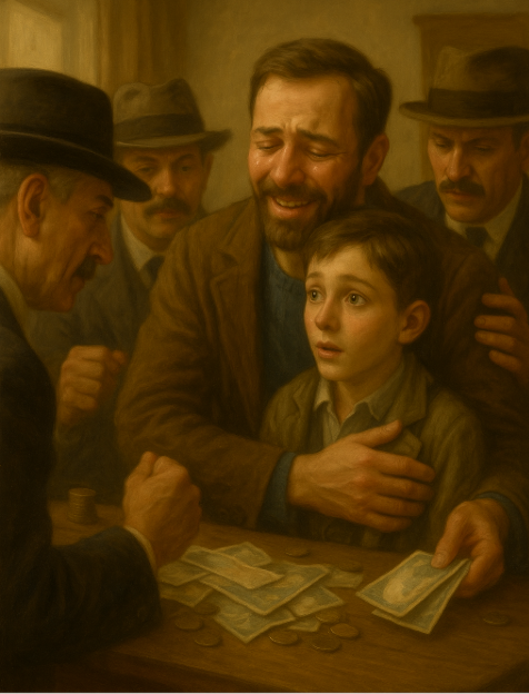 1920-as évekbeli olajfestmény-jellegű jelenet: a meghatott örmény apa átöleli tizennégy éves fiát egy marseille-i szobában, miközben több örmény férfi pénzkötegeket és érméket szór az asztalra; a fiú rácsodálkozva figyeli a váratlan fordulatot.