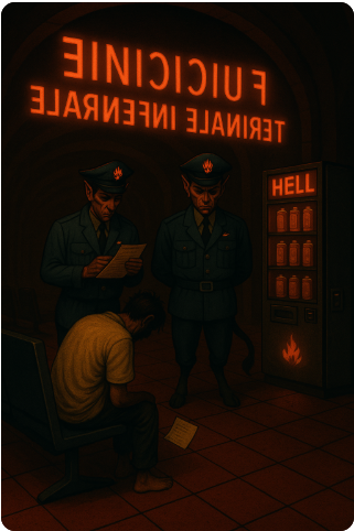 Baljós hangulatú reptéri jelenet. Monti mezítlábas, kimerült alakja egy padon ül, lehajtott fejjel, kezében papírral. Előtte két egyenruhás, démoni vonásokkal ábrázolt alak áll, patákkal és farkakkal. Jobboldalt egy vörösen izzó ’HELL’ feliratú italautomata. A háttérben egy neonfelirat látható, amely a ’FIUNICICINO – TERMINALE INFERNALE’ torz, hibásan kiírt változatát mutatja. 