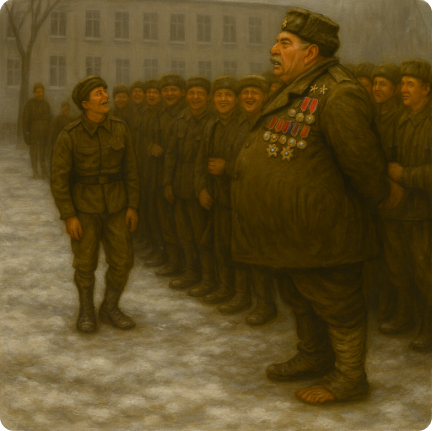 Katonák állnak a havas román kaszárnya udvarán, fagyott arccal és visszafojtott nevetéssel, előttük egy testes tiszt három ezüst csillaggal, sok kitüntetéssel a mellén és egy eltűnt bakanccsal.