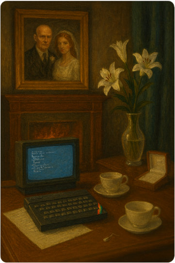 Olajfestmény a professzor otthonáról: a kandalló fölött a házaspár portréja, az asztalon Spectrum számítógép, két üres teáscsésze, kibontott ezüst fülbevaló és fehér liliomok – a tisztaság, a bűntelenség és a kimondatlan vágy szimbólumai.