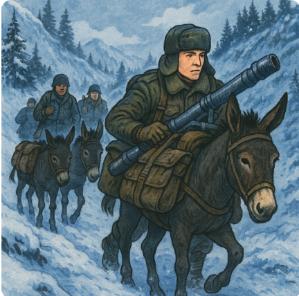 Román katonák téli hadgyakorlaton az 1980-as években, havas erdélyi hegyek között. Usankát viselő sorkatonák menetelnek a hóban, miközben szamarak hátán viszik az aknavetőket és felszereléseket. A hidegben gőzölgő leheletük és a távoli fenyvesek erősítik a fagyos hangulatot.