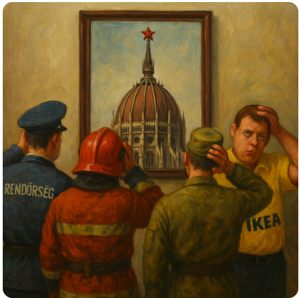 Olajfestmény jellegű illusztráció, amelyen szakemberek – rendőr, tűzoltó, katona és egy IKEA-munkás – tanácstalanul nézik a falra akasztott képet a Parlament kupolájáról, rajta a vörös csillaggal.