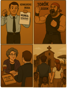 Illusztráció négy panelben: Gergő új munkaszerződéssel; Török Zúzok licitkáosza; vacsora a Vintage Milf-fel a 6 milliárdos portfólió felett; Monti és Anikó etióp gyerekek között egy kopt templom előtt – a munkahelyi káosz napjának vizuális összefoglalója.