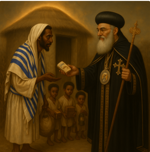 Kopt pátriárka a frigyláda állítólagos örzőnek nyújt át egy mentolos Camel cigarettadobozt, miközben három gyermek figyeli a jelenetet egy kunyhó előtt.