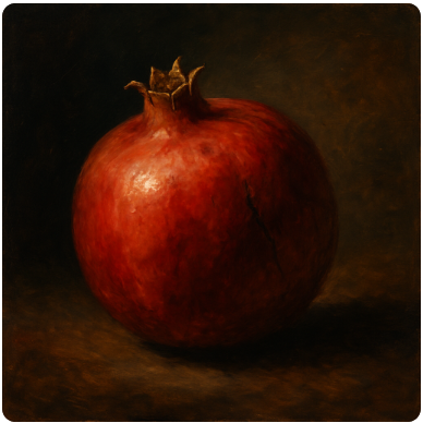 Olajfestmény stílusú gránátalma sötét háttéren, meleg fényben megvilágítva; emlékezés, idő és örökség szimbóluma.