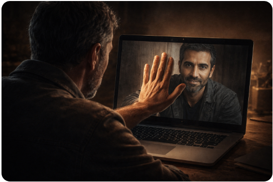 Egy férfi háttal ülve egy laptop előtt, bal kezét a képernyőre helyezi, miközben a videóhívásban látható másik férfi ugyanígy a kamerára teszi a kezét, mintha virtuális kézfogás kötné össze őket.