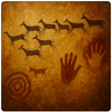 Olajfestmény stílusú barlangrajz állatalakokkal és kézlenyomatokkal, az őskori közösségi emlékezet vizuális nyoma.