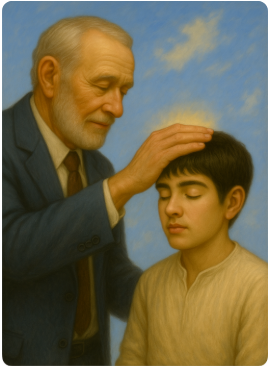 Idős férfi fehér ingben és nyakkendőben jobb kezét egy sötét hajú fiú homlokára helyezi; a gesztus körül finom fény látható, semleges égbolt háttérrel.