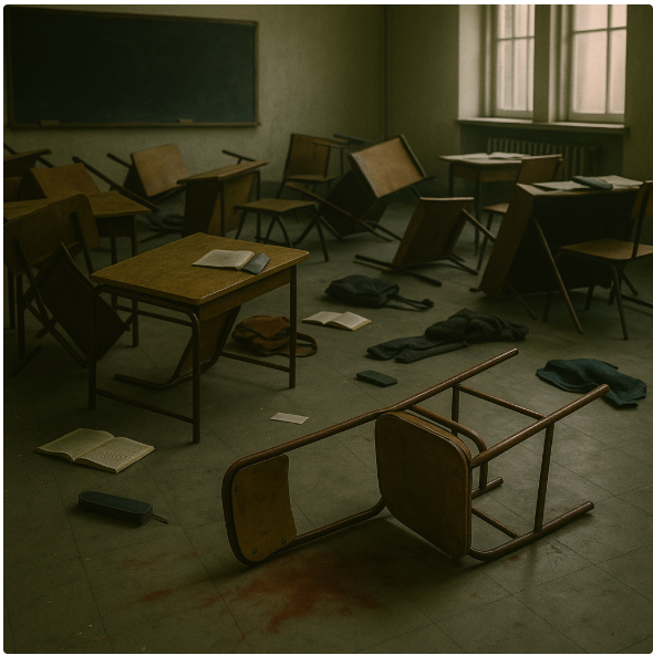 Üres, elhagyott tanterem felborult székkel, szétszórt füzetekkel és halvány vérfoltokkal a padlón — egy korábbi, erőszakos jelenet nyomai.