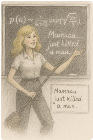 Bea kezében seprűnyélből imitált mikrofonállvánnyal, mögötte a táblán Ramanujan-képlet látható; dinamikus, humoros jelenet egy 80-as évekbeli matekkörről.