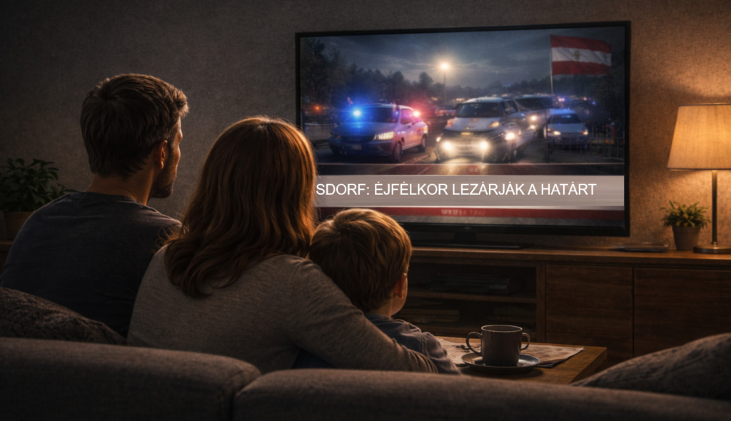 Család néz egy televíziót, amelyen rendőrautók és a „Lezárják a határt” felirat látható.