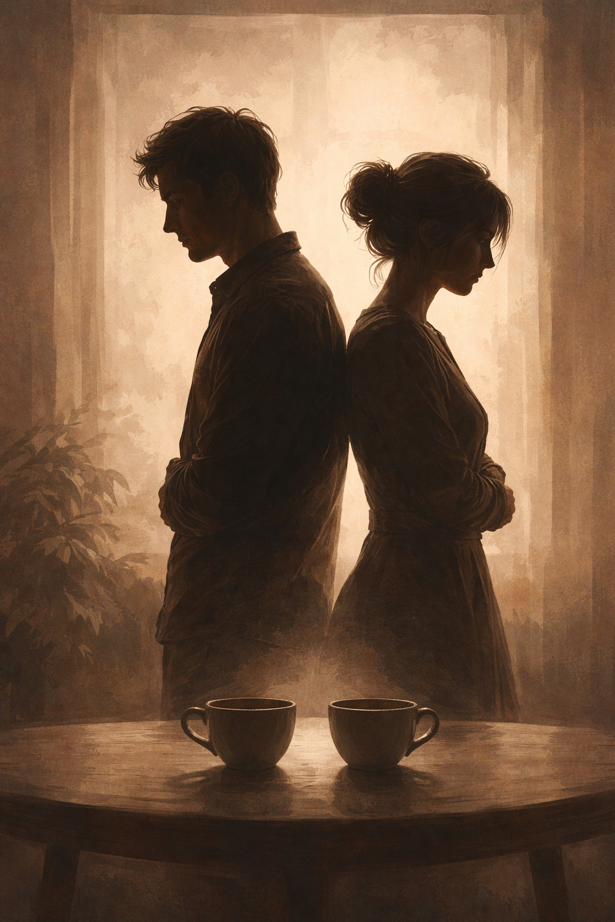 Egymásnak háttal álló férfi és nő sziluettje egy asztalnál, előttük két csésze kávé, a kimondatlan feszültség és eltérő félelmek vizuális metaforájaként