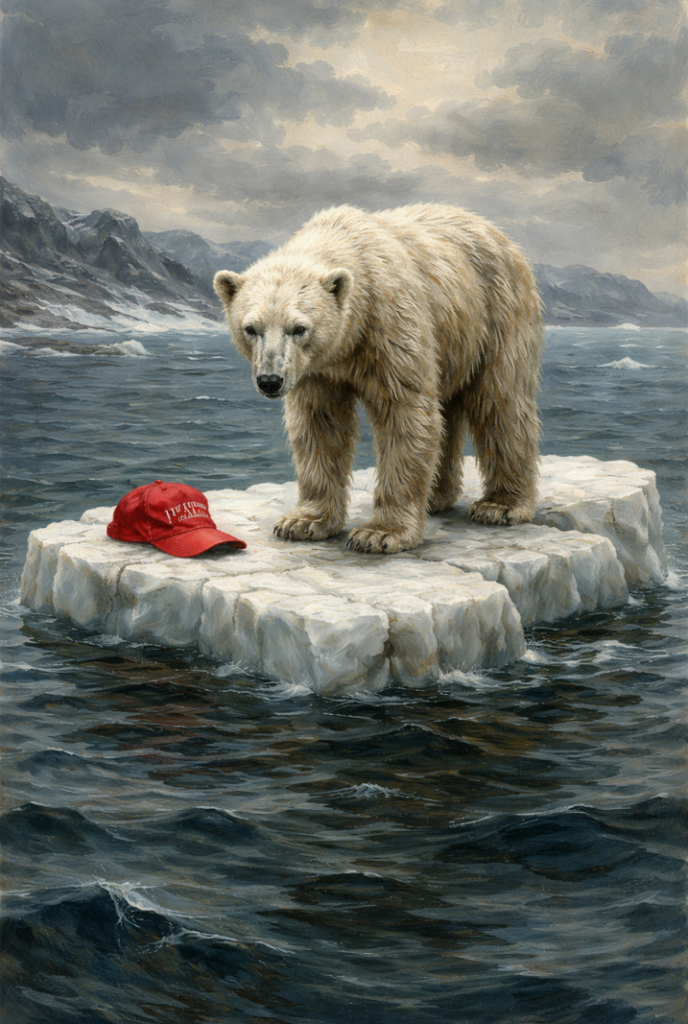 Jegesmedve egy kis jégtáblán a tengeren, mellette elhagyott piros baseballsapka, szürke ég és jeges táj.