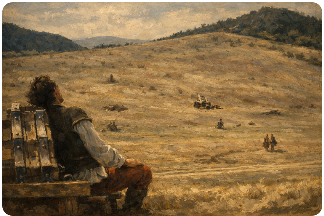 Olajfestmény jellegű illusztráció az Egri csillagok ostroma utáni mezőről: csendes, üres táj, ahol a frissen lenyírt fű és a nyomtalan béke éles ellentétben áll a nemrég véget ért csata emlékével.
