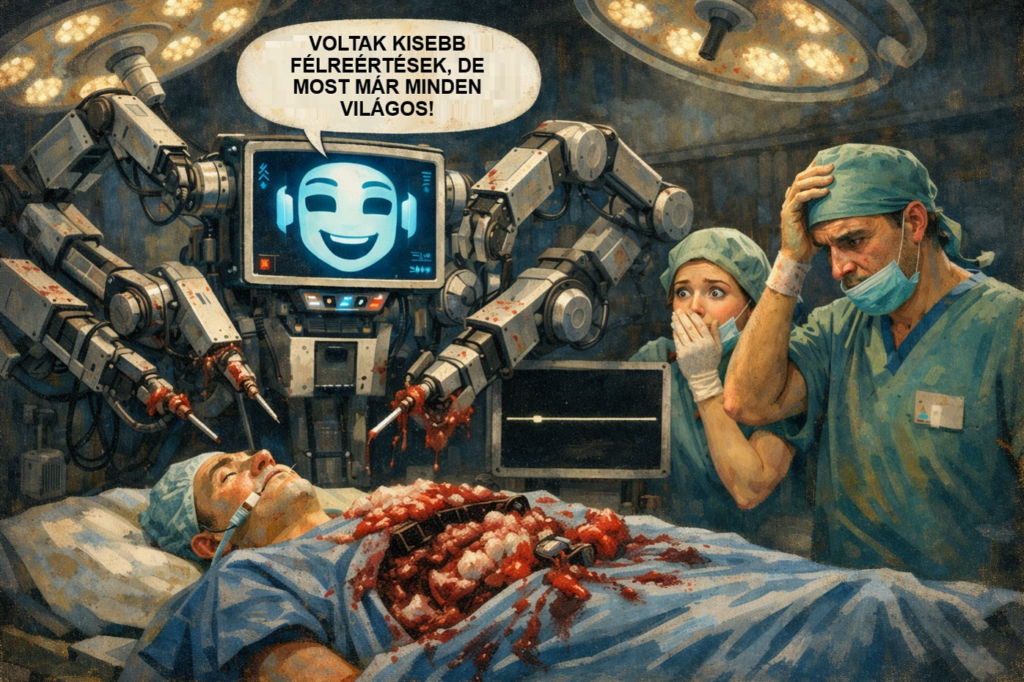 Robotsebész áll egy műtőben, mosolygó AI-arccal, miközben egy beteg nyitott hassal fekszik az asztalon, véres húscafatokkal. A monitoron vízszintes vonal jelzi a szívleállást. Egy orvos és egy nővér rémülten figyeli a jelenetet.