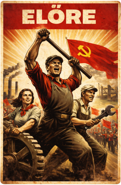 Szocialista realista propaganda plakát: három munkás vörös zászlóval és szerszámokkal, ipari háttér előtt, a ‘ELŐRE’ felirattal, túlzó pátosszal és erőltetett optimizmussal ábrázolva.