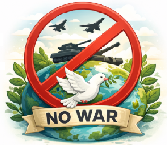 Miért félünk? - No war jelkép: fehér galamb és áthúzott harci eszközök a háborútól való félelem illusztrálására