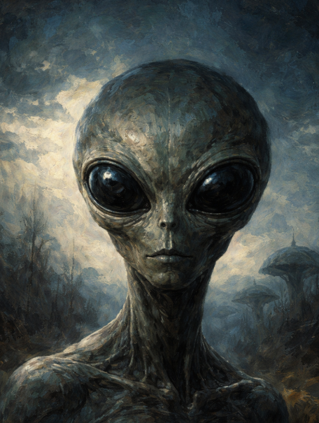 Stilizált idegen lény portréja olajfestmény stílusban, az idegenektől való félelem és az ismeretlen iránti szorongás vizuális metaforájaként