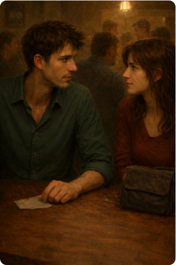 Két fiatal ül egymással szemben egy 1990-es évekbeli budapesti söröző teraszán; csendes, intenzív pillantásuk közben a háttérben elmosódva beszélgető társaság látható.