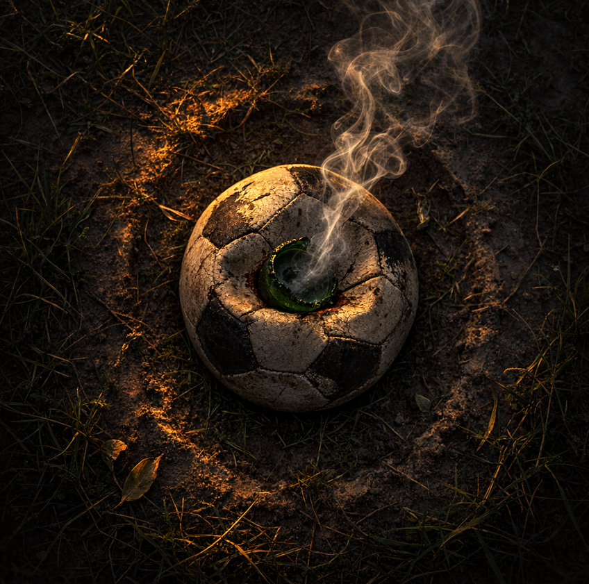 Kráterbe süllyedt focilabda, melyből az utolsó levegő füstként távozik — a grund néma áldozata.