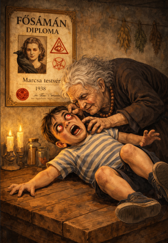 Idős asszony egy asztalon fekvő fiú szemét vizsgálja groteszk, humoros jelenetben; a falon „FŐSÁMÁN DIPLOMA – Marcsa testvér – 1938”.