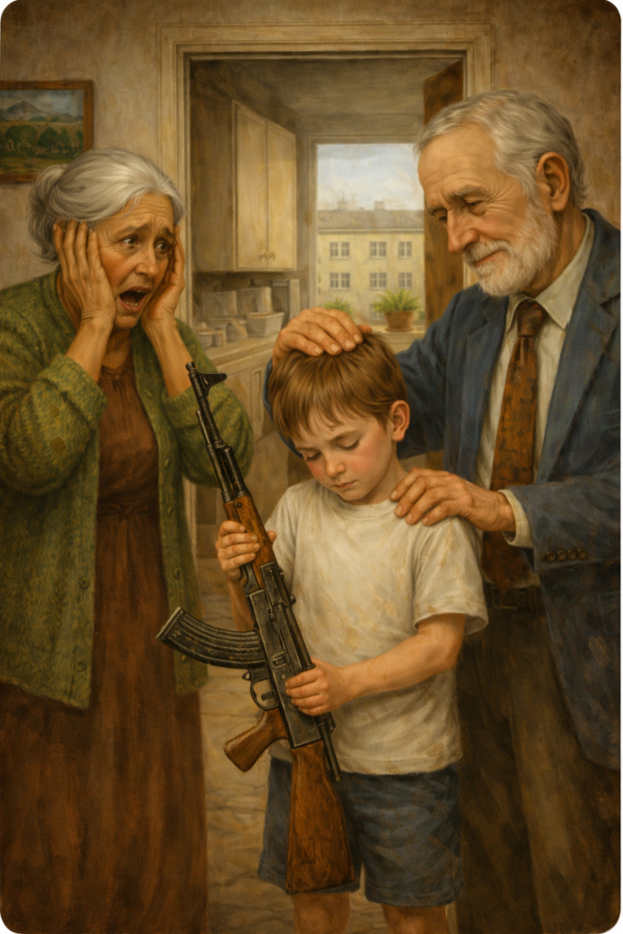 Illusztráció a nagy Kalasnyikov-lopás történetéhez: kisfiú Kalasnyikovval, pánikba eső nagymama és nyugodt nagyapa egy szamosújvári lakásban.