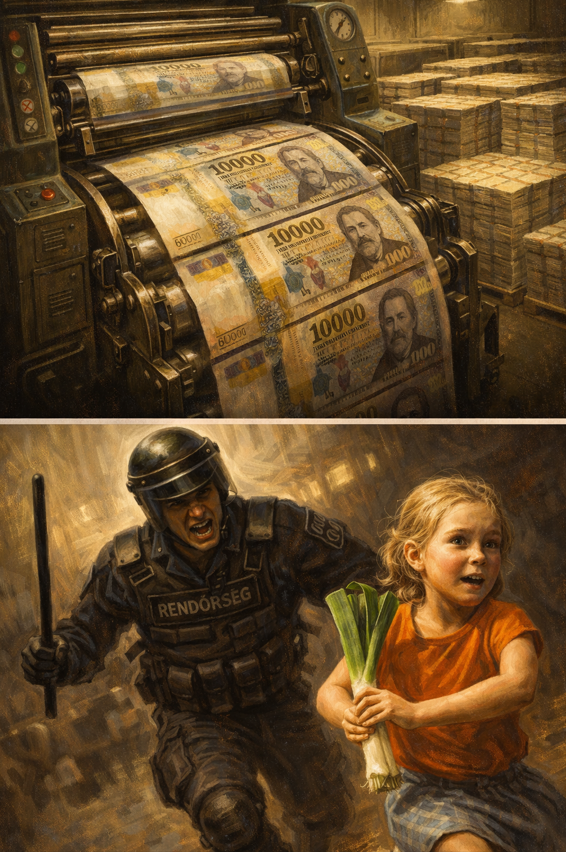 Pénznyomda forint bankjegyekkel és rendőr által üldözött póréhagymát tartó kislány – szatirikus kép az inflációról.