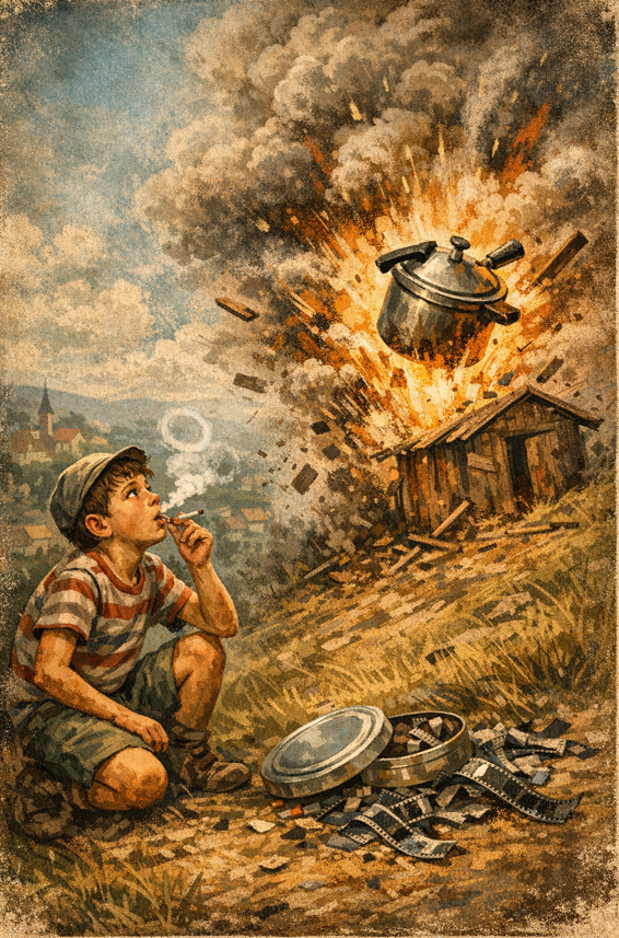 Egy kisfiú cigarettával a szájában ül egy hegyoldalon, miközben mögötte felrobban egy kukta.