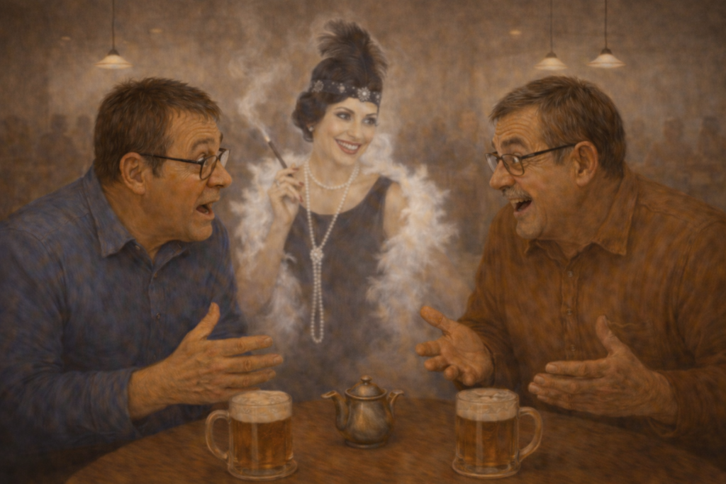 Két férfi egy hamburgi kocsmában beszélget, közöttük egy 1920-as évekbeli női alak jelenik meg szellemszerűen.