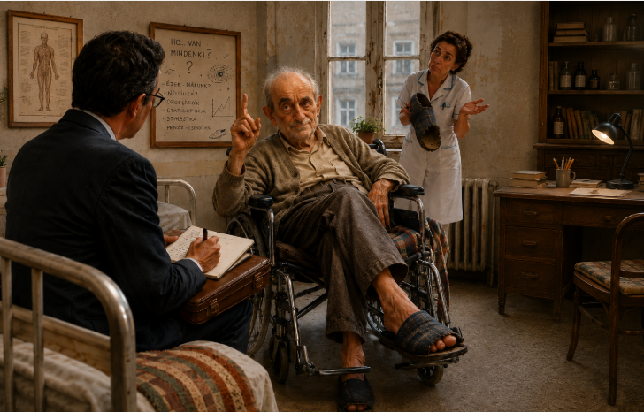 Idős, Enrico Fermihez hasonló férfi ül kerekesszékben egy kopott kolozsvári idősek otthonában, egyik lábán felemás papuccsal. Vele szemben egy öltönyös férfi jegyzetel aktatáskájára támaszkodva, miközben a háttérben egy tanácstalan nővér egy széthurbolt papucsot tart a kezében. A falon kézzel írt tábla látható „Hol van mindenki?” felirattal és tudományos utalásokkal, az ütött-kopott ablakon túl pedig régi belvárosi házak sejlenek fel.